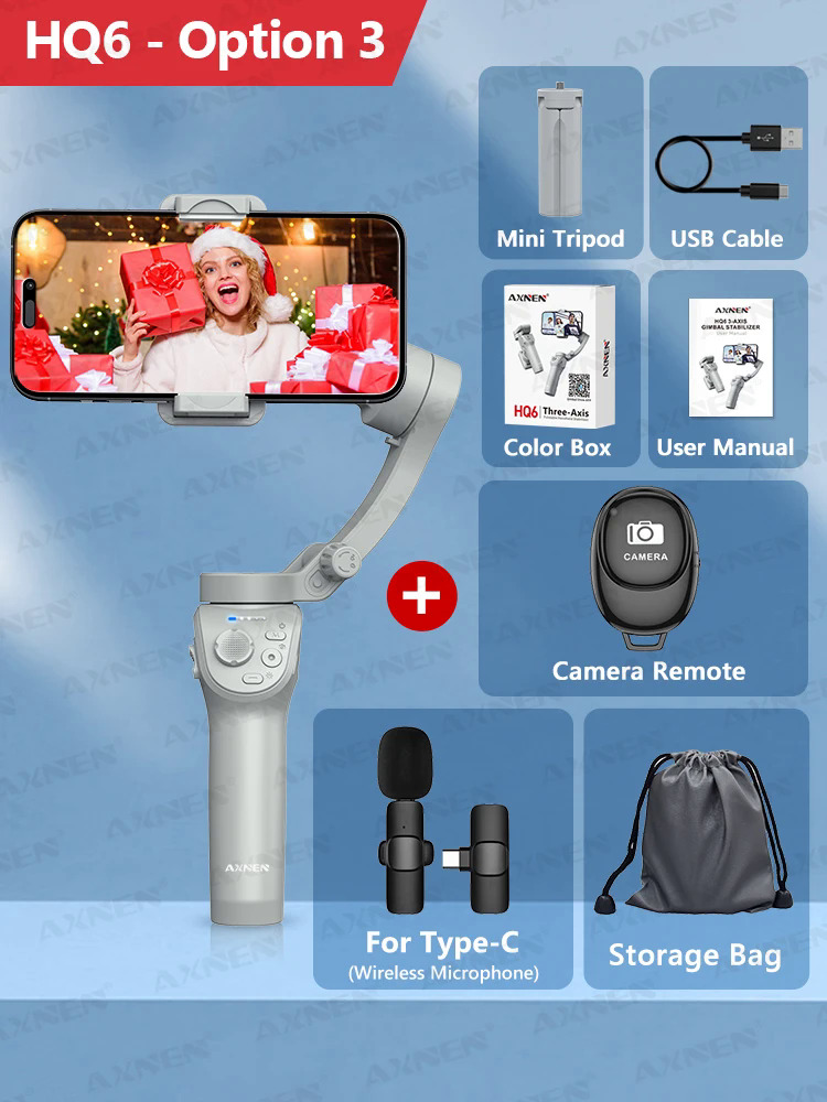 AXNEN HQ6 Gimbal for Smartphone, 3-Axis Handheld Gimbal, with Smart Tracking, Fill Light, Zoom, Stabilizer for iPhone Android. 