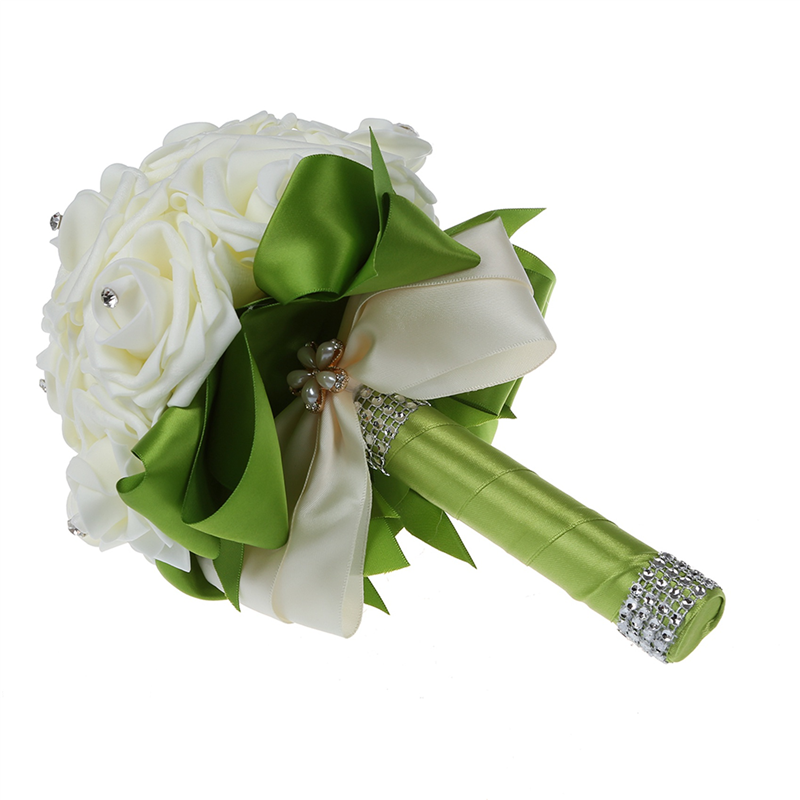4X Wedding Bouquet Bridal Bridesmaid Flower Wedding Bouquet Artificial Flower Rose Bouquet Bridal Bouquets-Green Ribbon