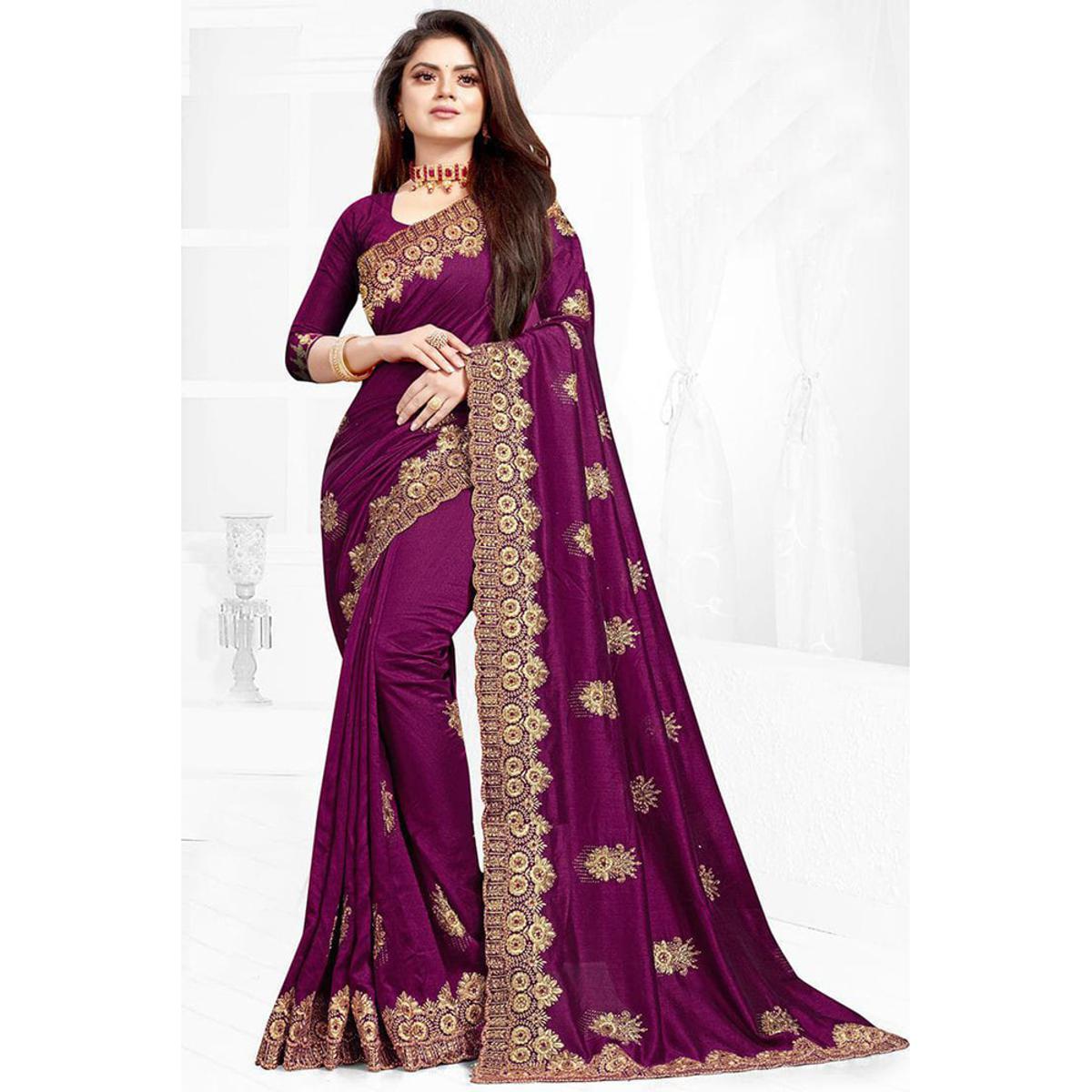 Indian Weightless Georgette Purple Colour Saree With Embroidery Work with Blouse Pice.