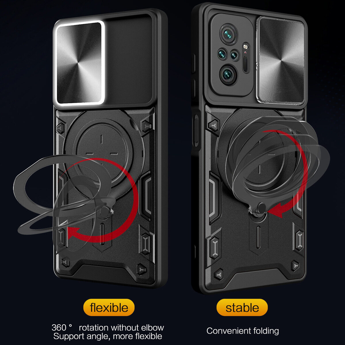 For Xiaomi Poco M5S Case Foldable 360 Degree Rotating Bracket Vehicle Mounted Sliding Hard Shockproof Rear Shell + Tempered Glass Screen Protector for Xiaomi Poco M5S Back Cover. 