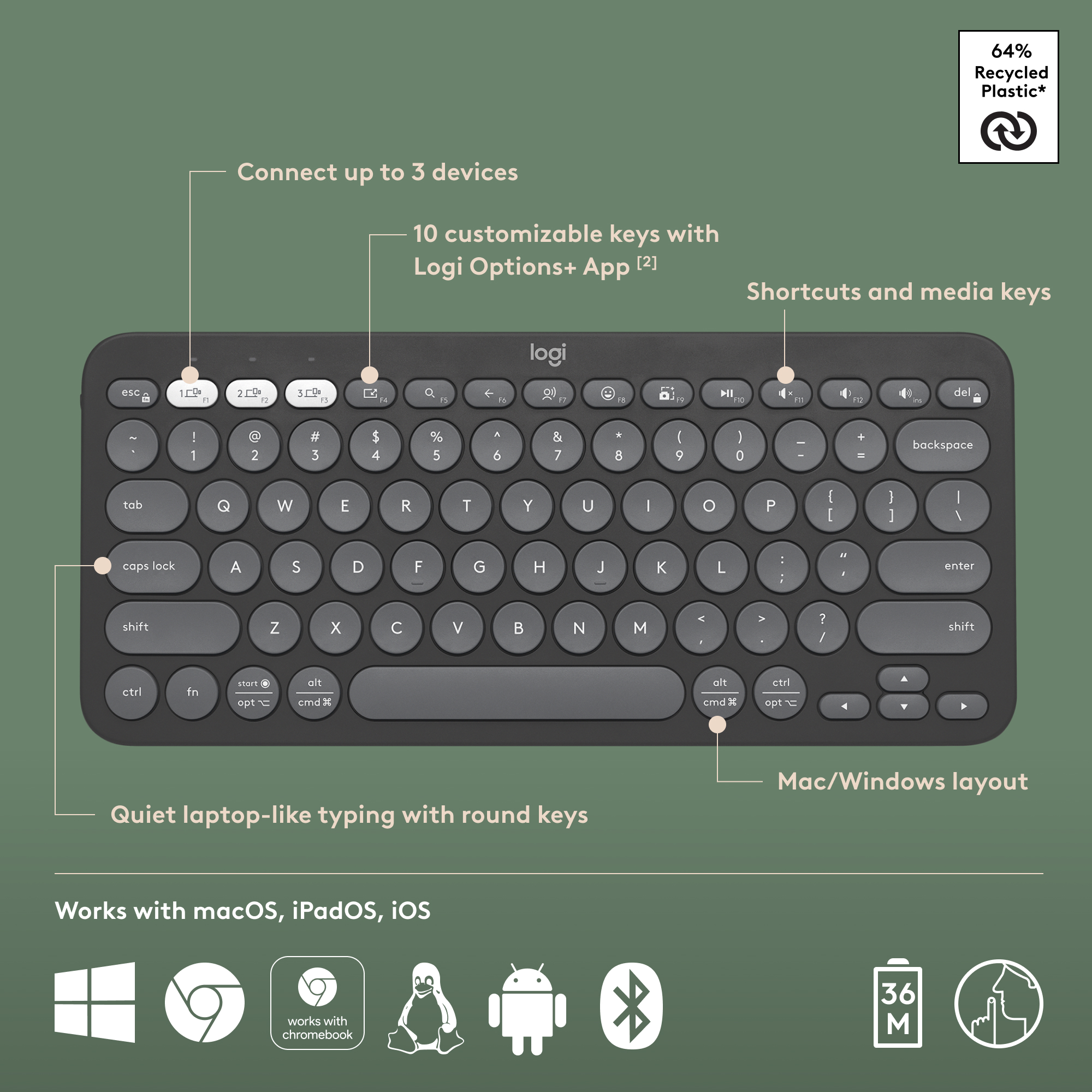 Logitech Pebble Keys 2 K380s, Multi-Device Bluetooth Wireless Keyboard with Customisable Shortcuts, Slim and Portable, Easy-Switch for Windows, macOS, iPadOS, Android, Chrome OS. 