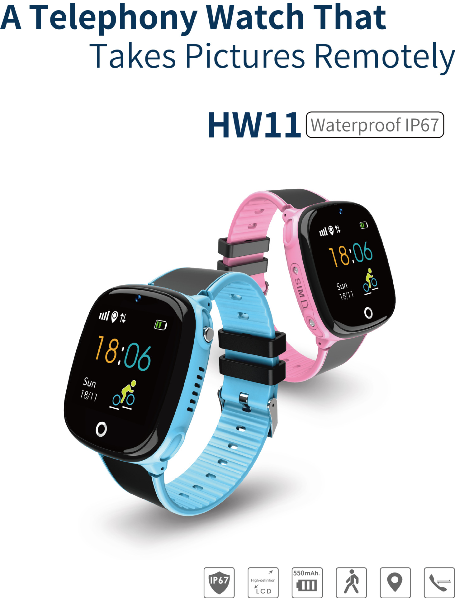 HW11 waterproof IP67 kids Anti Lost Tracking Touch Screen Smart Watch SOS Call Pedometer Intelligent Watch with Camera. 