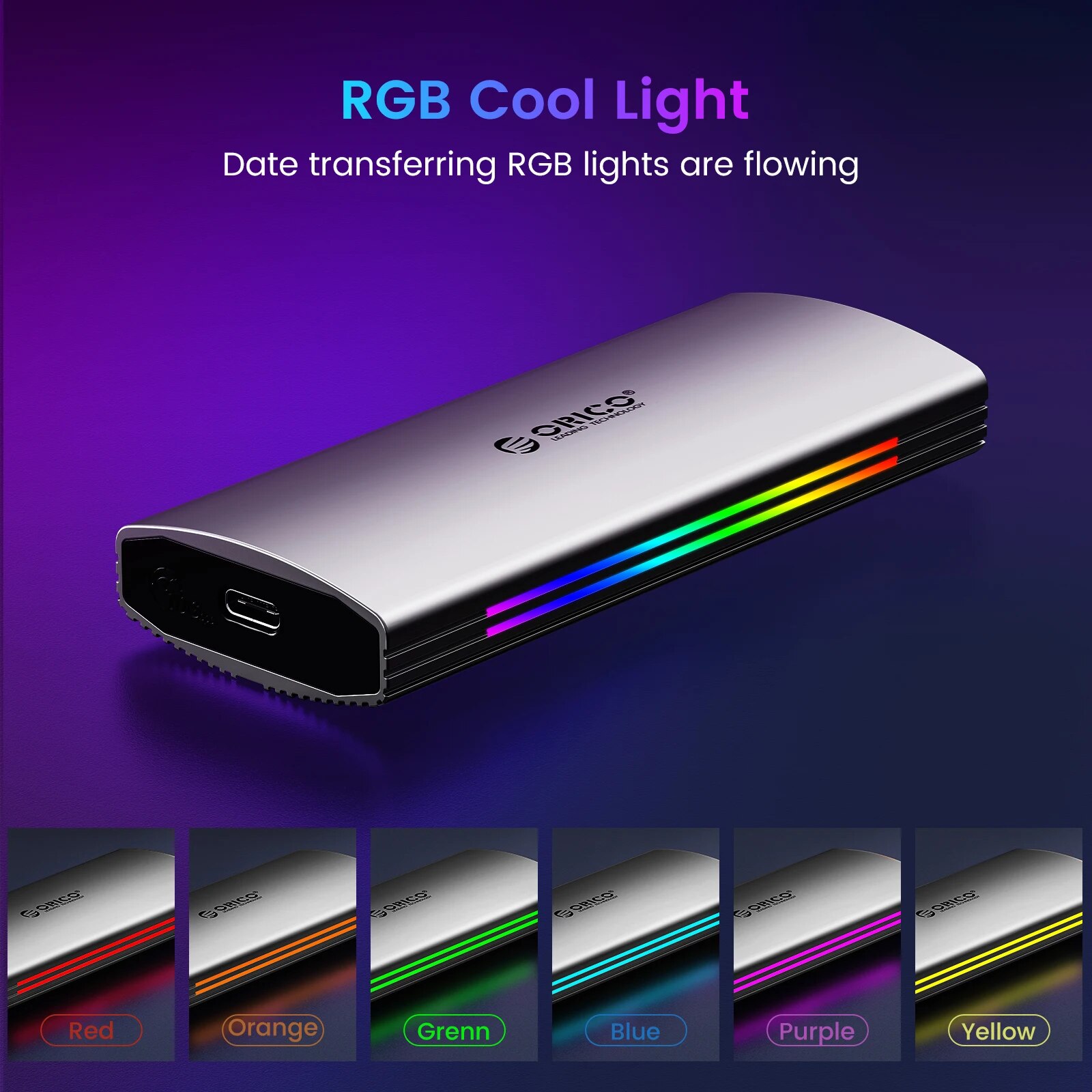 ORICO RGB 10Gbps M2 NVMe SSD Enclosure Aluminum USB3.1 Gen2 Case for M Key M&B Key Solid State Drive for Gamer Video Editing. 