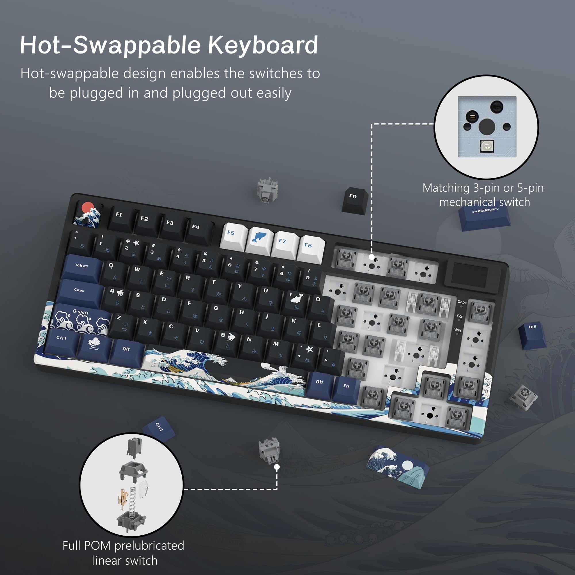 WOMIER Gasket Mount Wired Mechanical Gaming Keyboard With Smart Display S-K80 75% Hot Swappable Keyboard for PC Computer Laptop. 