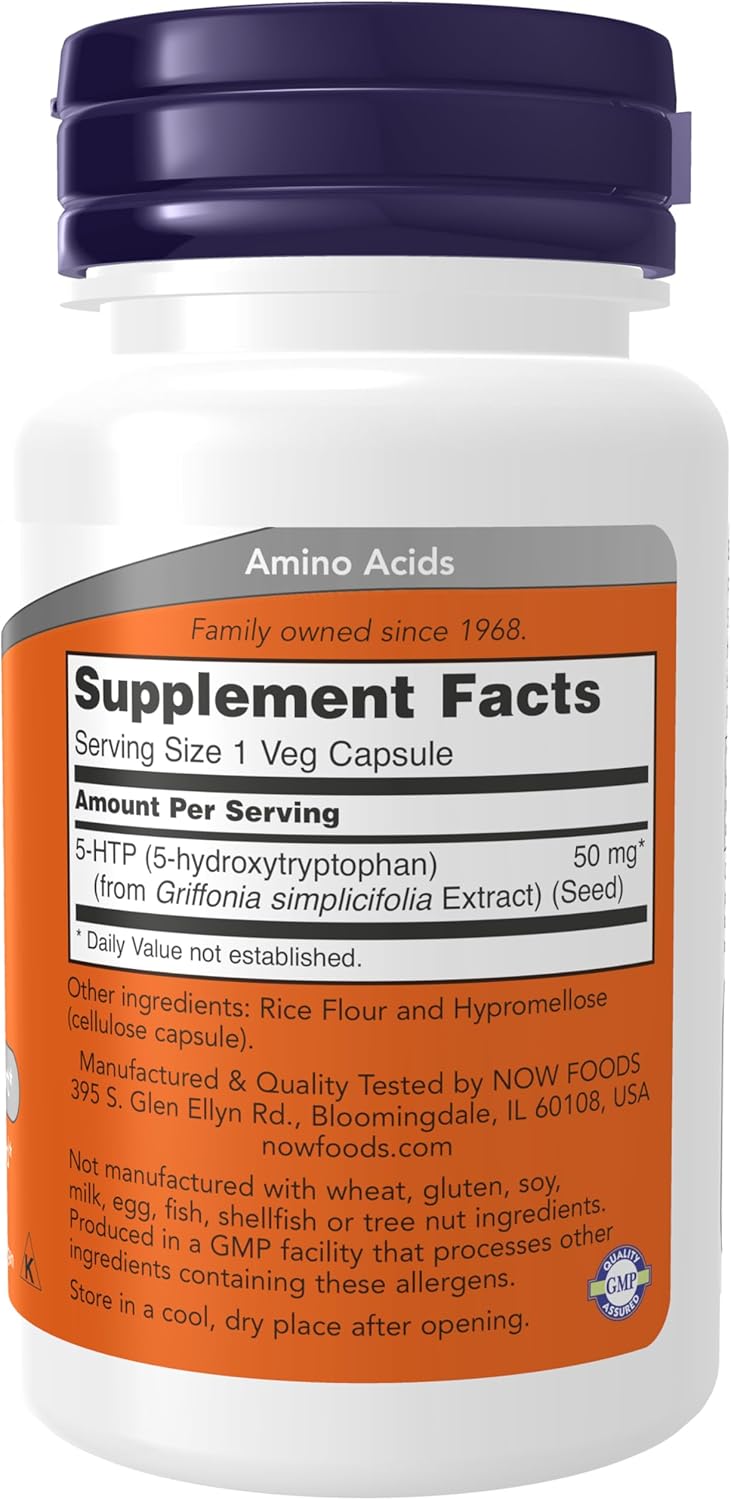 NOW Foods Supplements, 5-HTP (5-hydroxytryptophan) 50 mg, Neurotransmitter Support, 30 Veg Capsules. 