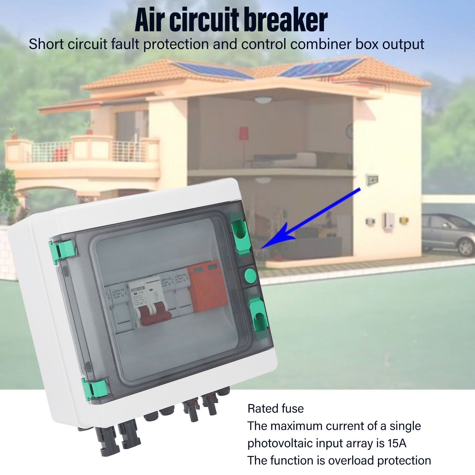 Photovoltaic Combiner Box, DC500V Waterproof 2 String Solar Combiner Box Short Circuit Protection Easy Installation with 15A Fuse for RV. 