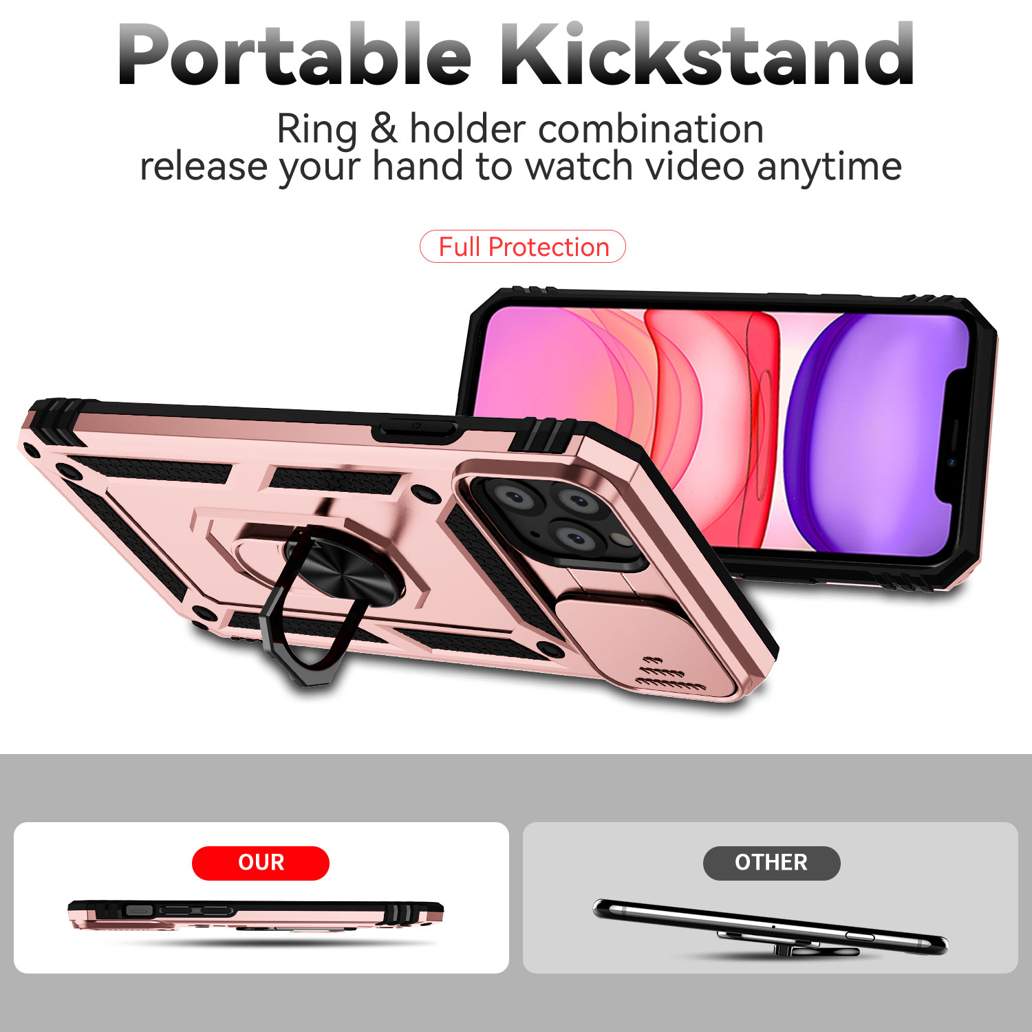 For iPhone 11 Pro Case with Slide Camera Cover, 360° Ring Holder Metal Kickstand, work for Phone Holder Car Mount, Drop Peep Protection. 