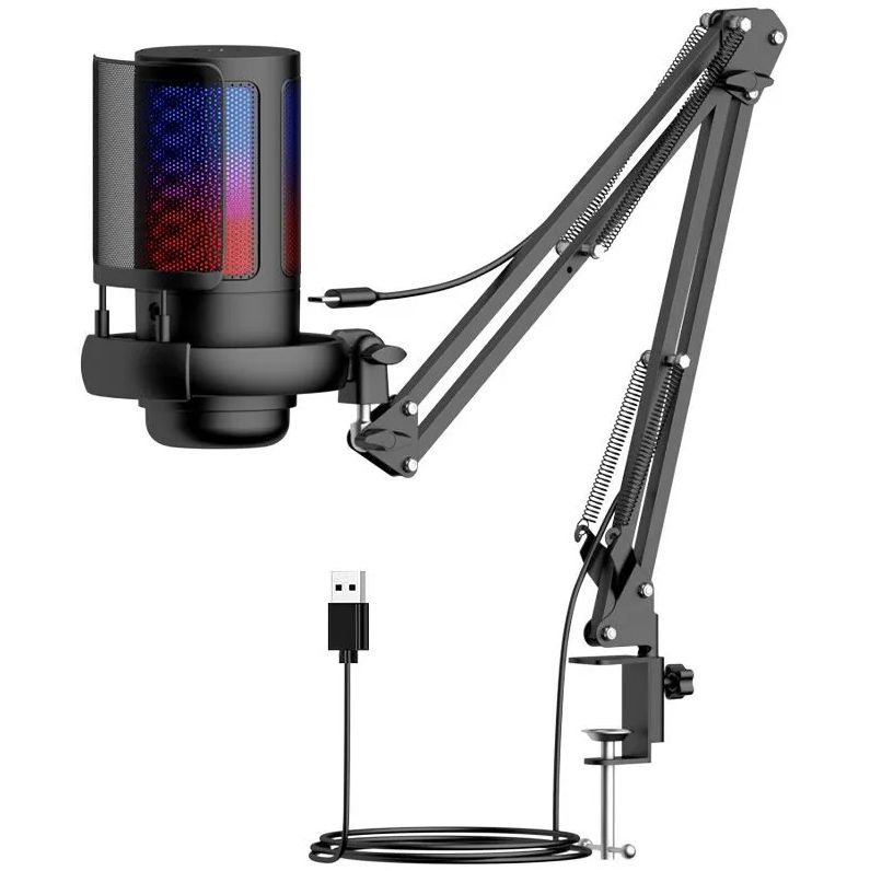 ME6S USB Gaming Microphone Kit for PC,PS4/5 Condenser Cardioid Mic Set with Mute Button/RGB /Arm Stand,for Streaming Video-A6T. 