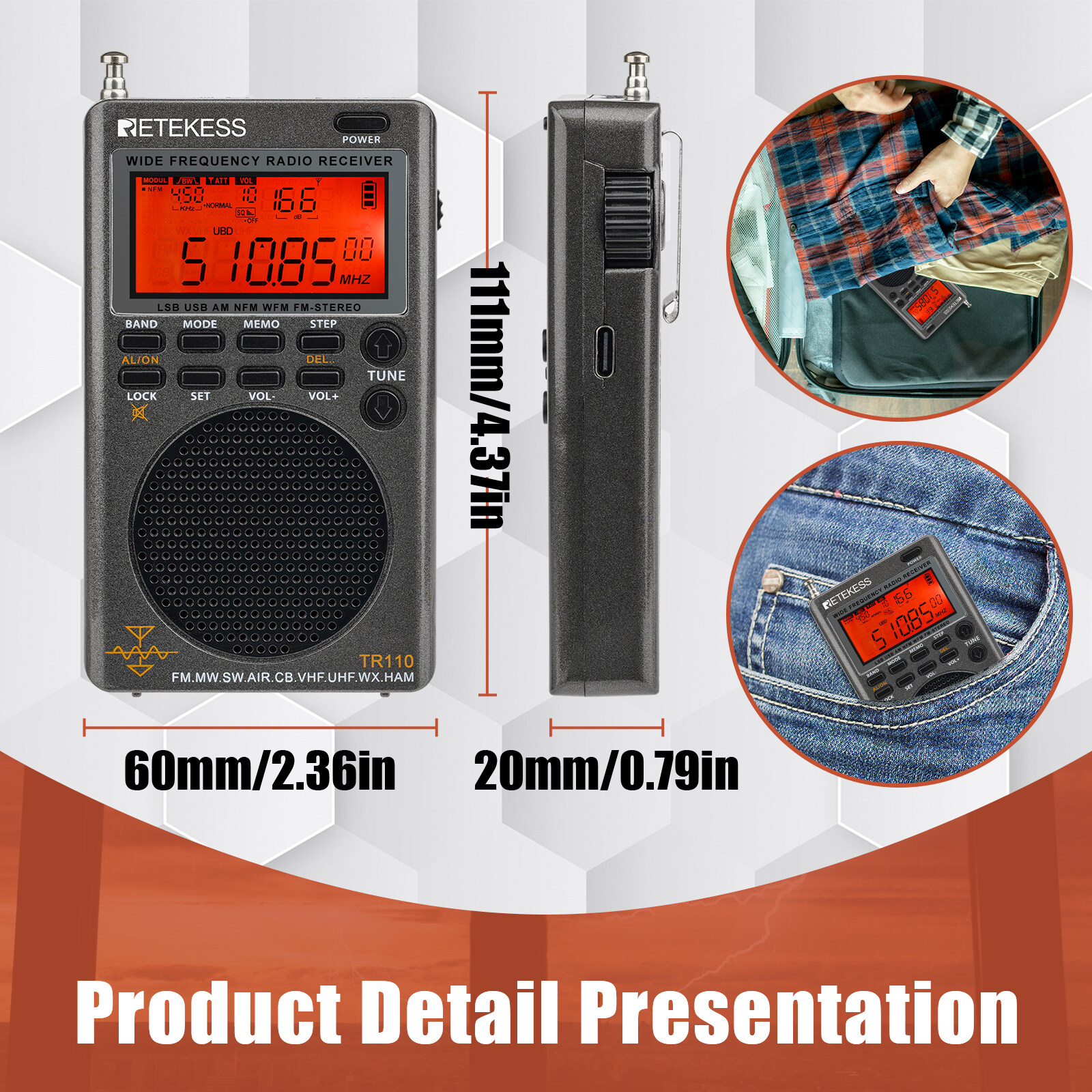 Retekess TR110 Portable SSB Shortwave Radio Full Band Radio MW FM Shortwave Airband CB NOAA Weather Alert FM Stereo Clock Sleep Timer 1000 Preset Stations. 