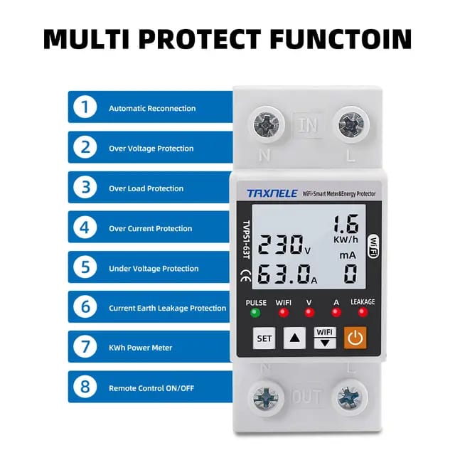 63A TUYA WiFi Smart Earth Leakage Over Under Voltage Protector Relay Device Switch Breaker Energy Power kWh Meter Smart Life. 
