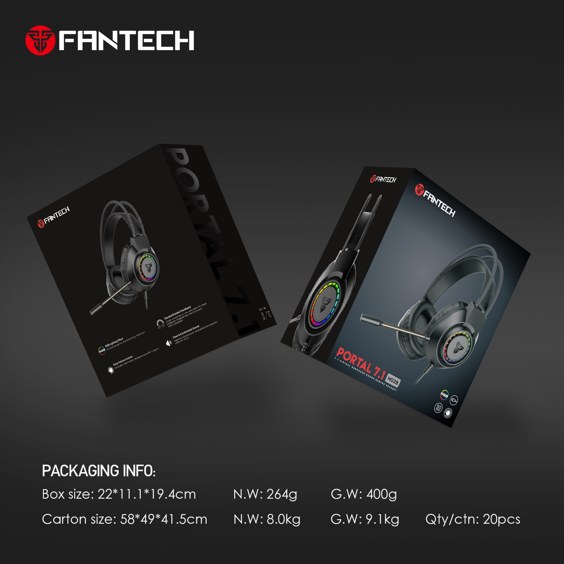 Fantech HG28 Portal 7.1 Virtual Surround Sound Gaming Headset with RGB Lighting Effect, Clear and Comfortable Sound. 