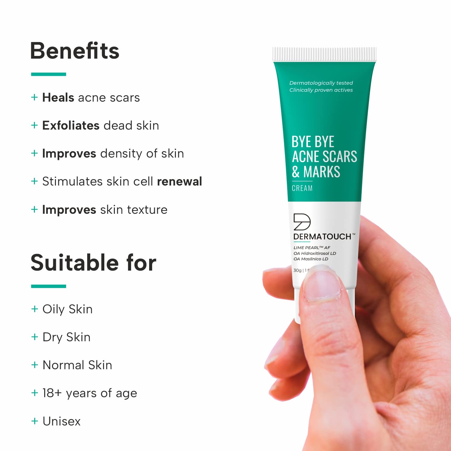 DERMATOUCH Bye Bye Acne Scars & Marks Cream || Acne Scars Corrector || Formulated Specially to Address Scars & Marks || Suitable For All Skin Types - 30G. 