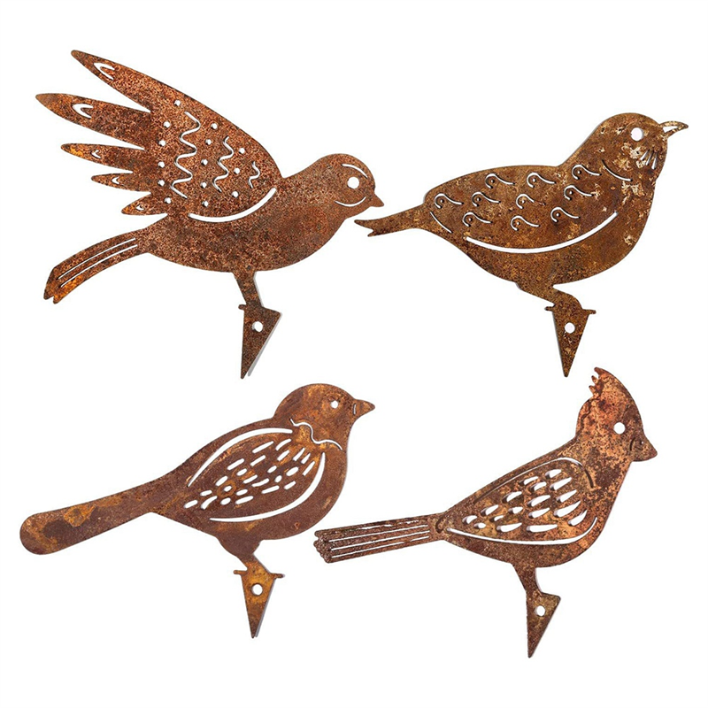 4 Piece Rusty Metal Bird Silhouettes Metal Yard Decoration Bird Steel Woodpecker Gardening Country Robin Art. 