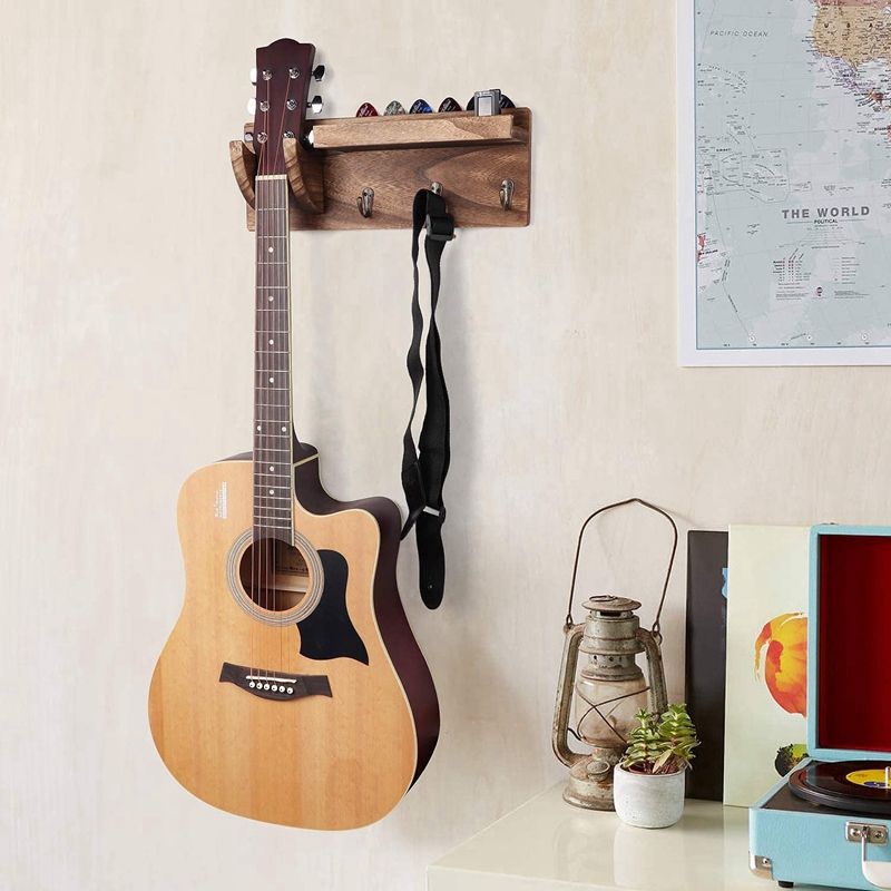 Guitar Wall Hanger Guitar Holder Wall Mount Bracket Hanger Guitar Wood Hanging with Pick Holder and 3 Hooks Carbonized. 