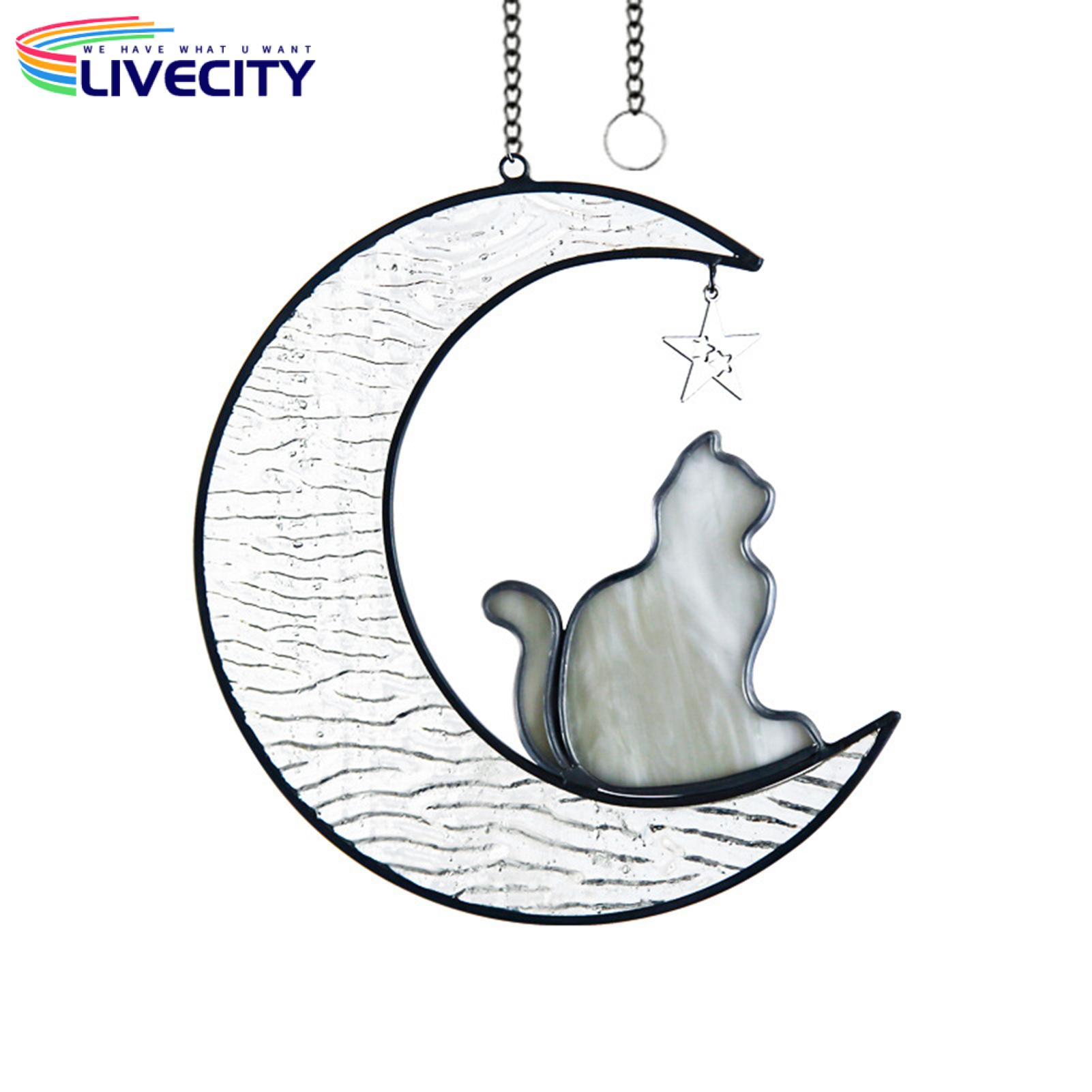 Moon Cat Hanging Ornament Stained Glass Cat Hanging Decoration with Crescent Moon Star Elegant Indoor/outdoor Wall Decor Animal Pendant Gift