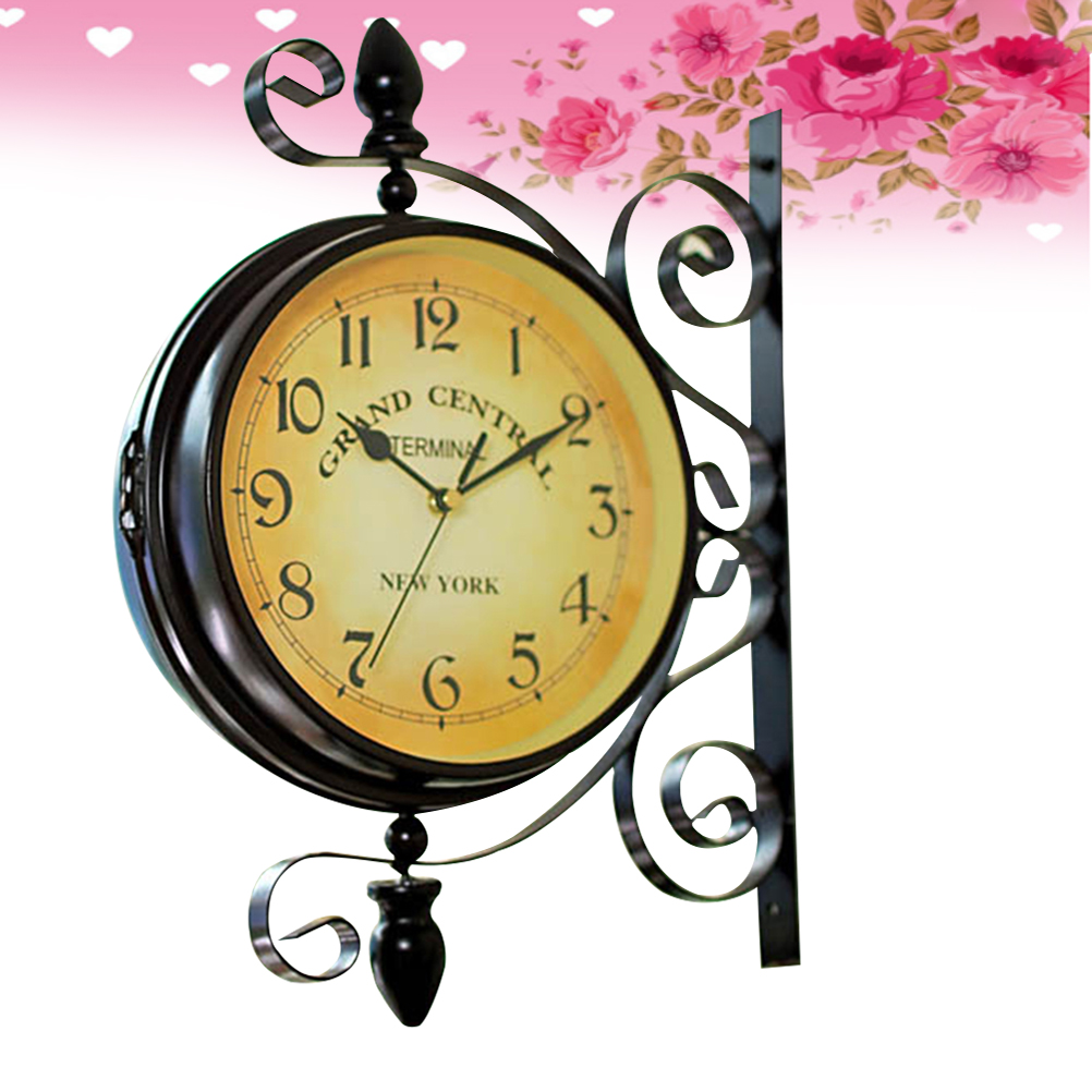 Silent Wall Clock Retro Hanging Clocks Double Sided European Style Train Station Two. 