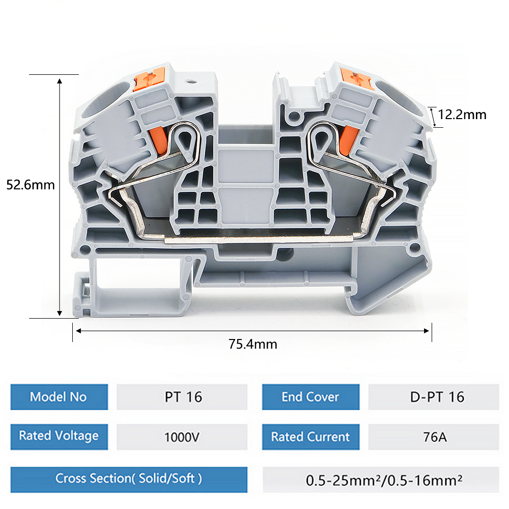 PT-16 Din Rail Terminal Block Conductor Wire Connector Push In Spring Screwless Connection Feed Through Terminal Blocks PT16. 