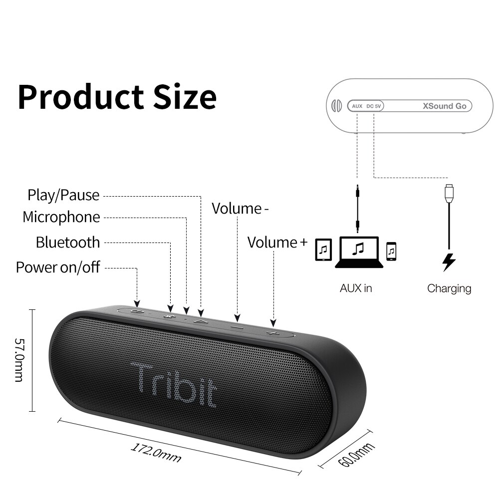 Tribit XSound Go Portable Bluetooth Speaker IPX7 Waterproof Better Bass 24-Hour Playtime For Party Camping Speakers Type-C AUX. 