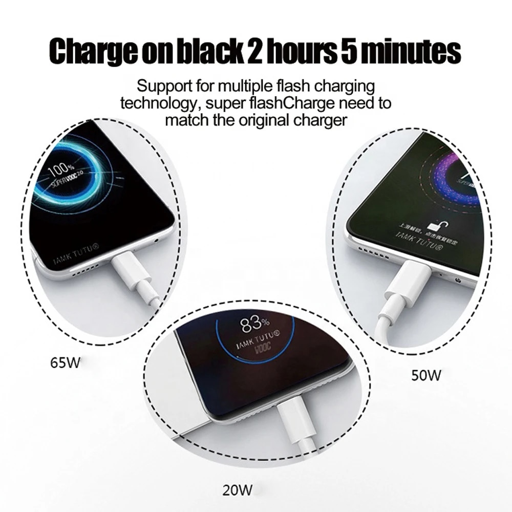 65W USB Type C Cable 6.5A Fast Charging Cable for OPPO Realme SuperVOOC 2.0 SuperDart USB C Data Cable for 0.5M/1M/1.5M/2M. 