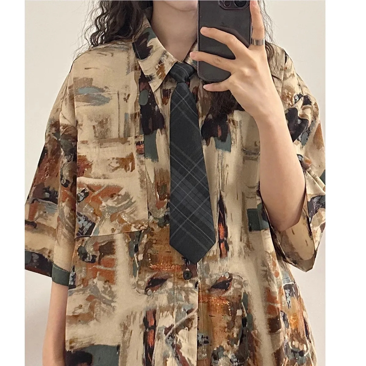 Loose American Style Retro Hong Kong Style Summer New Painting Full Printed Short-Sleeved Shirt Men's and Women's Lapel Shirt [ with Tie ]
