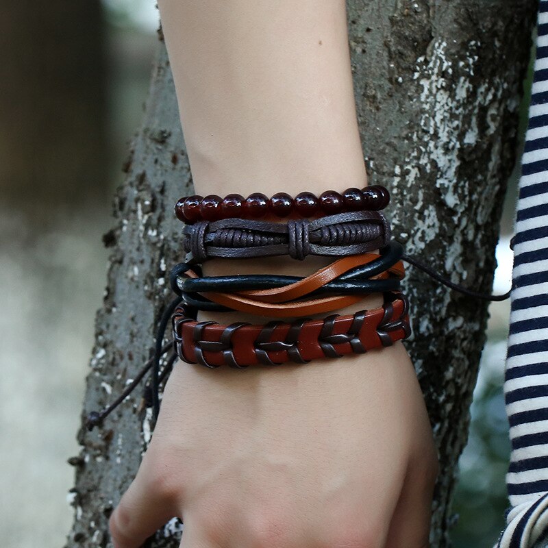 Jessingshow 4pcs/set Gypsy Hippie Punk Style Light Dark Brown Beads Wrap Leather Cord Layers Stackable Bracelets Bangle Man Set. 