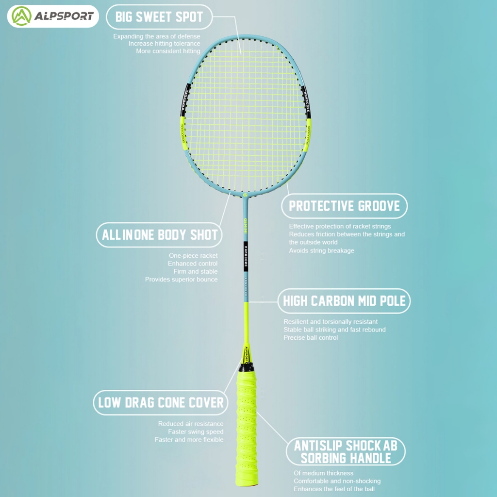 ALP-SPORTS Gemini T800 Carbon Fiber Professional Badminton Racket (4U/G5 Handle) Multiple Colors Optional Intermediate/Professional Training Level. 