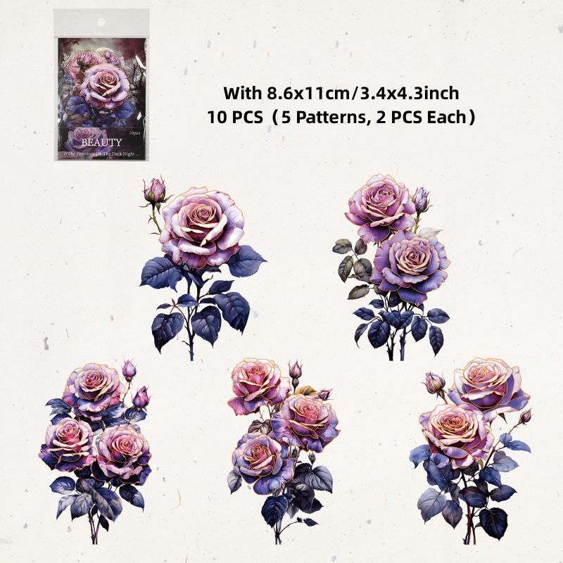 Sweet Journal 10PCS The Phantom Of The Dark Night Series Retro Gothic Rose Flower PET Stickers Diary Journaling Decorative Crafts Scrapbooking DIY Sticker