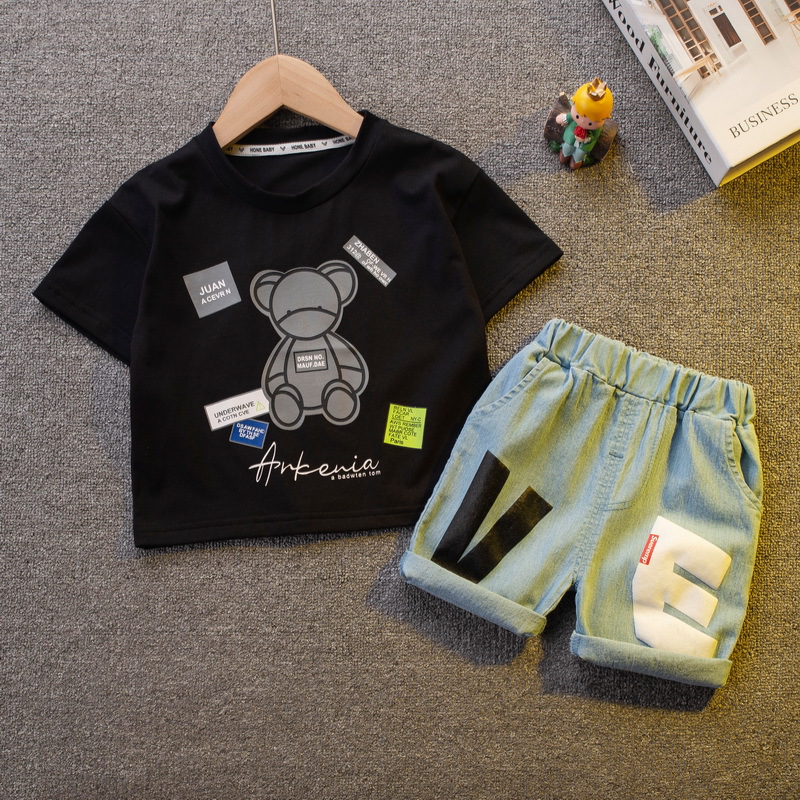 Summer boy and baby clothes suits handsome bear printing cotton 0-5 years kids round neck T-shirt + casual letter shorts sets