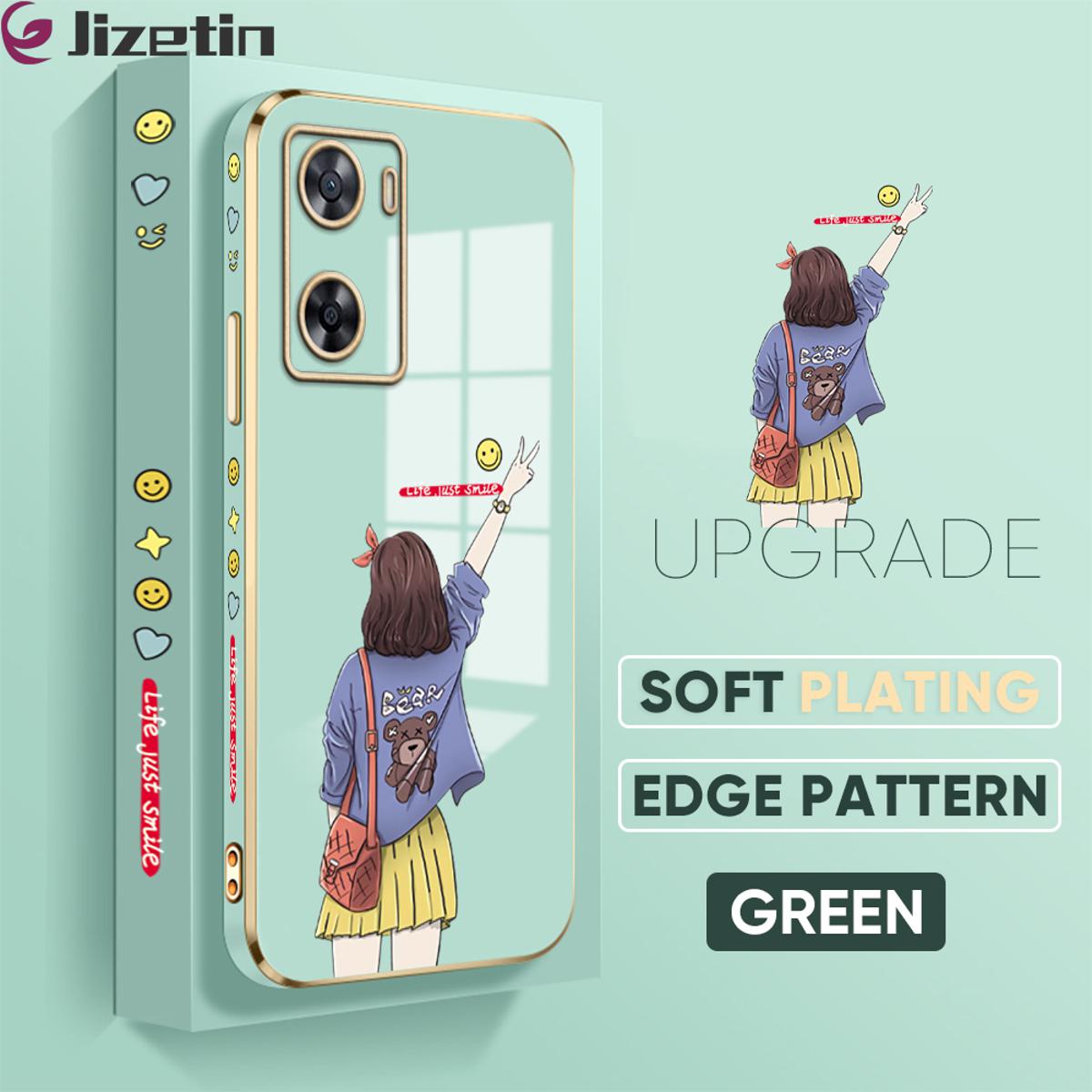 Jizetin (Free Lanyard) for OPPO A57 4G / A57 2022 Back Cover Back Girl Luxury 6D Plating Case Side Pattern Soft Silicone Square Mobile Phone Cases
