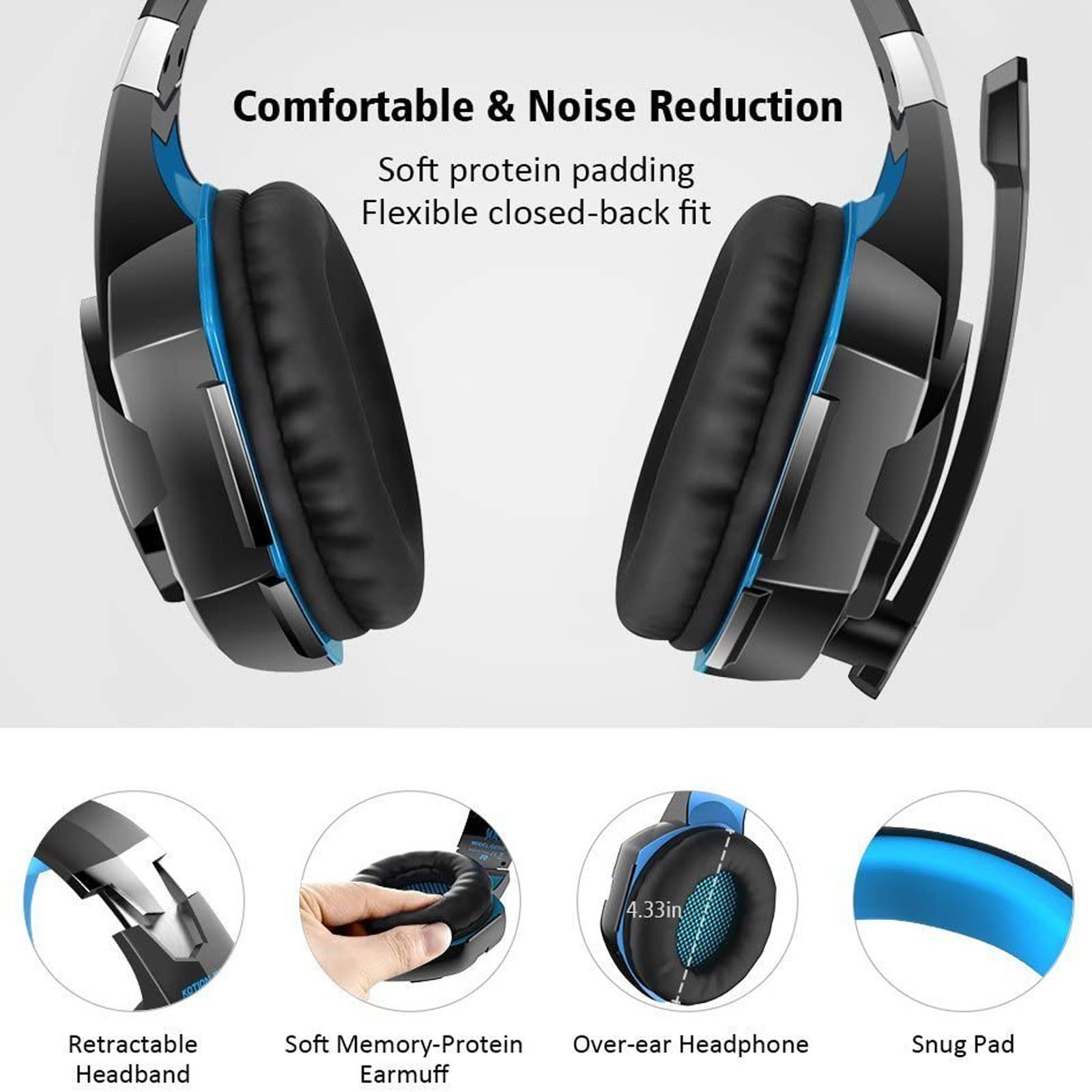 KOTION EACH G2000 Over-Ear Gaming Headset with 50mm Driver Unit Skin-Friendly Breathable Ear Pads High-Fidelity Noise Reduction 360-Degree Surround Sound Cool Glowing Design and 120-Degree Rotating Microphone. 