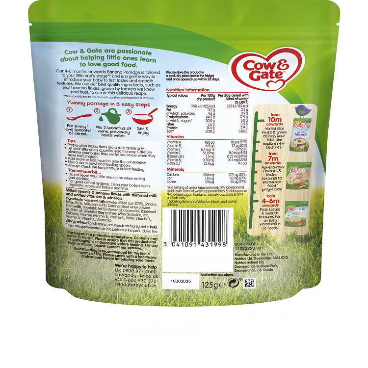 Cow & Gate Banana Porridge 125g Made in UK. 