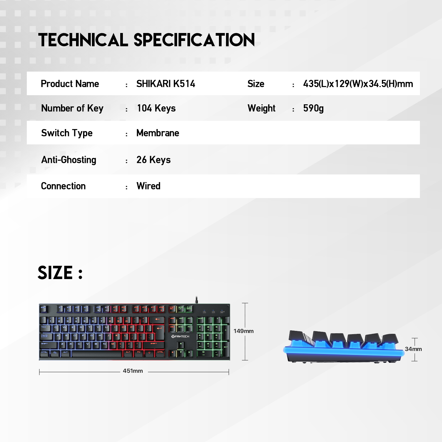 FANTECH K614L Fighter III RGB Membrane Gaming Keyboards 26 Keys & Anti-ghosting 104 Keys For Gaming Game. 