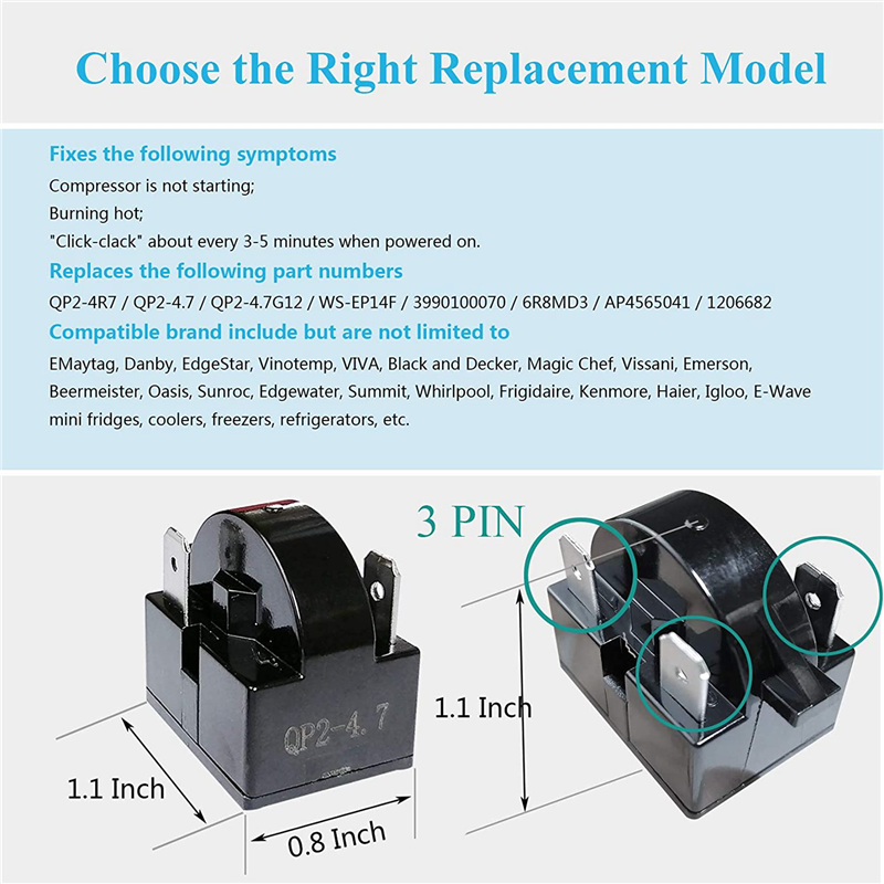 4x Replacement Part 3 Pin QP2-4.7/ QP2-4R7 4.7 Ohm Refrigerator PTC Start/ Relay for Most Mini Fridges