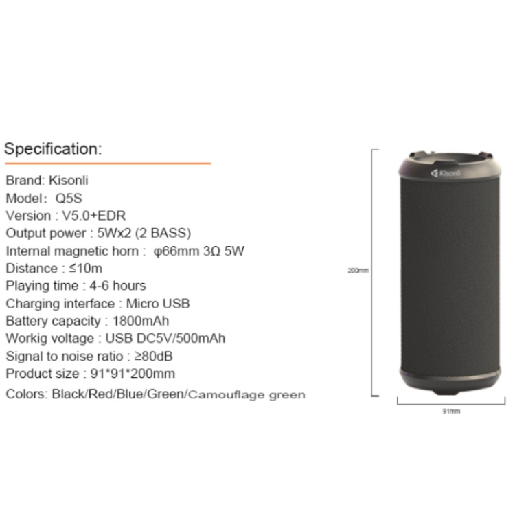 KISONLI Q5S Waterproof Bluetooth Speaker Portable Dual Bass Support FM Radio, TF, AUX. 