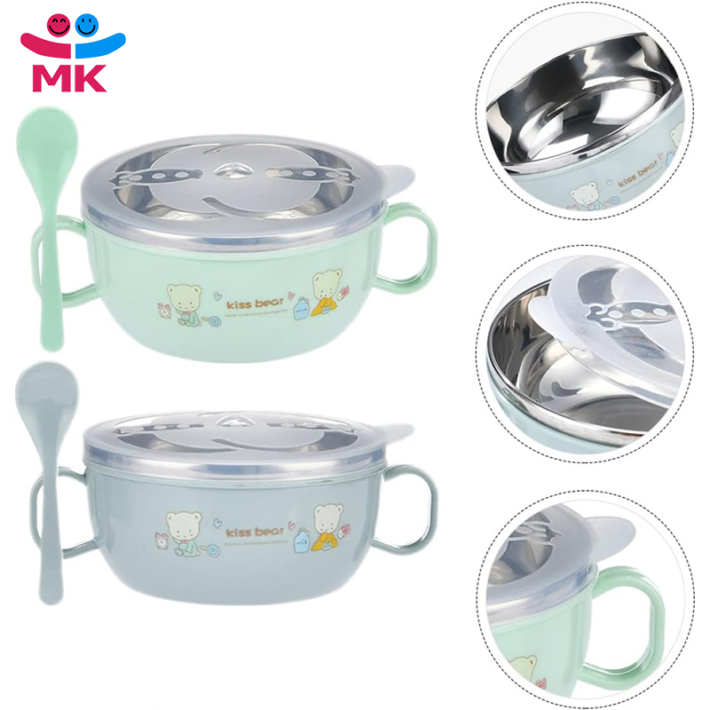 Baby Feeding Bowl with Lids Stainless Steel Insulated Bowl Spoon Set Children Tableware Cartoon Printed Easy To Clean Children Food Bowl