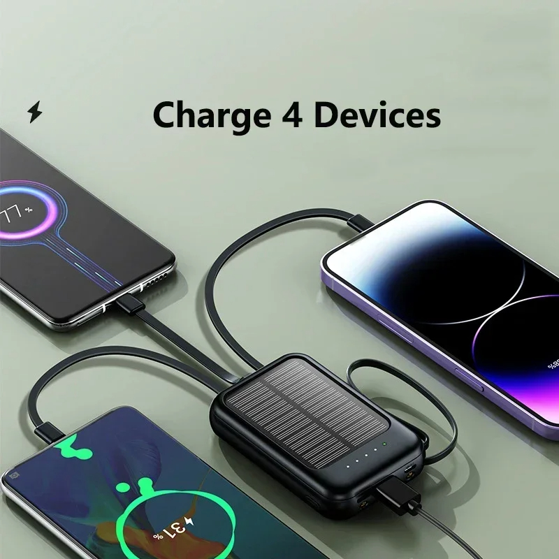 50000mAh Solar Move Power Bank with Built-in 4-cables With Lanyard Portable Mini Super Fast Charging Suitable For iPhone Samsung. 