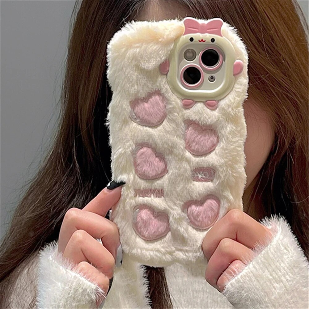 Korean Warm Winter 3D Cartoon Cute Plush Love Heart Soft Case For IPhone 14 Pro Max 15 Pro Max 13 12 11 Shockproof Back Cover. 