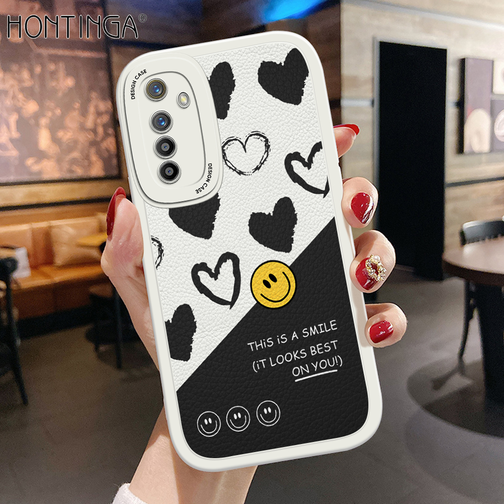 Hontinga for Realme X2 / XT / OPPO K5 Back Cover PU Leather Cartoon Heart Smile Case Soft Silicone Edge Phone Cases