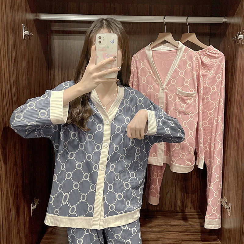 ins korean version circle circle small fragrance wind pajamas women's long sleeves and trousers with pockets loose v-neck foreign trade cross-border loungewear. 