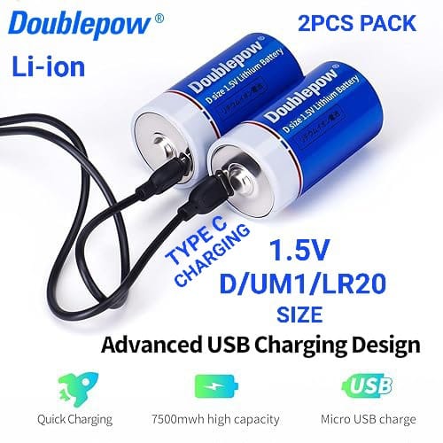 Doublepow Rechargeable 1.5V D/LR20/UM1 Size 7500mWh Lithium-ion Batteries with USB Type-C Port Direct Charging 1.5V D Li-ion Battery LR20 D Size Battery for Flashlight/Floodlight/Gas Stove - 2 Pieces. 