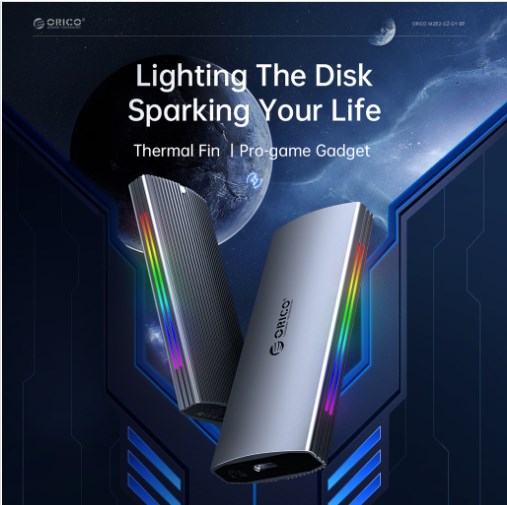 ORICO M2R2-G2-SV 10Gbps Multi-Color Glowing RGB Gaming Style M.2 NVMe SSD Enclosure(Silver). 