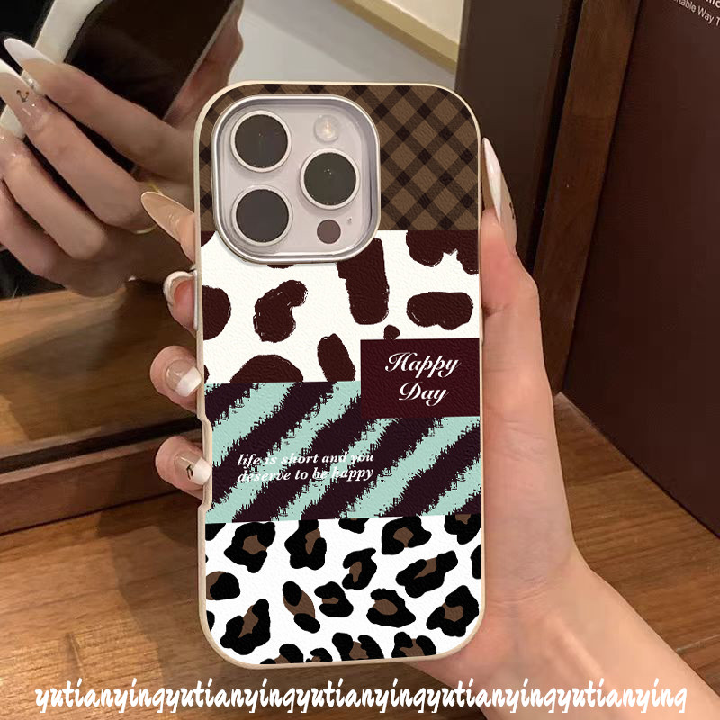 Retro Leopard Print Lattice Splice Skin Feel Leather Texture Case Compatible for IPhone 16 11 15 13 14 12 Pro Max 16Plus 16 14 15 Plus X XR XS Max Luxury 2 in 1 Metal Lens Frame Cover. 