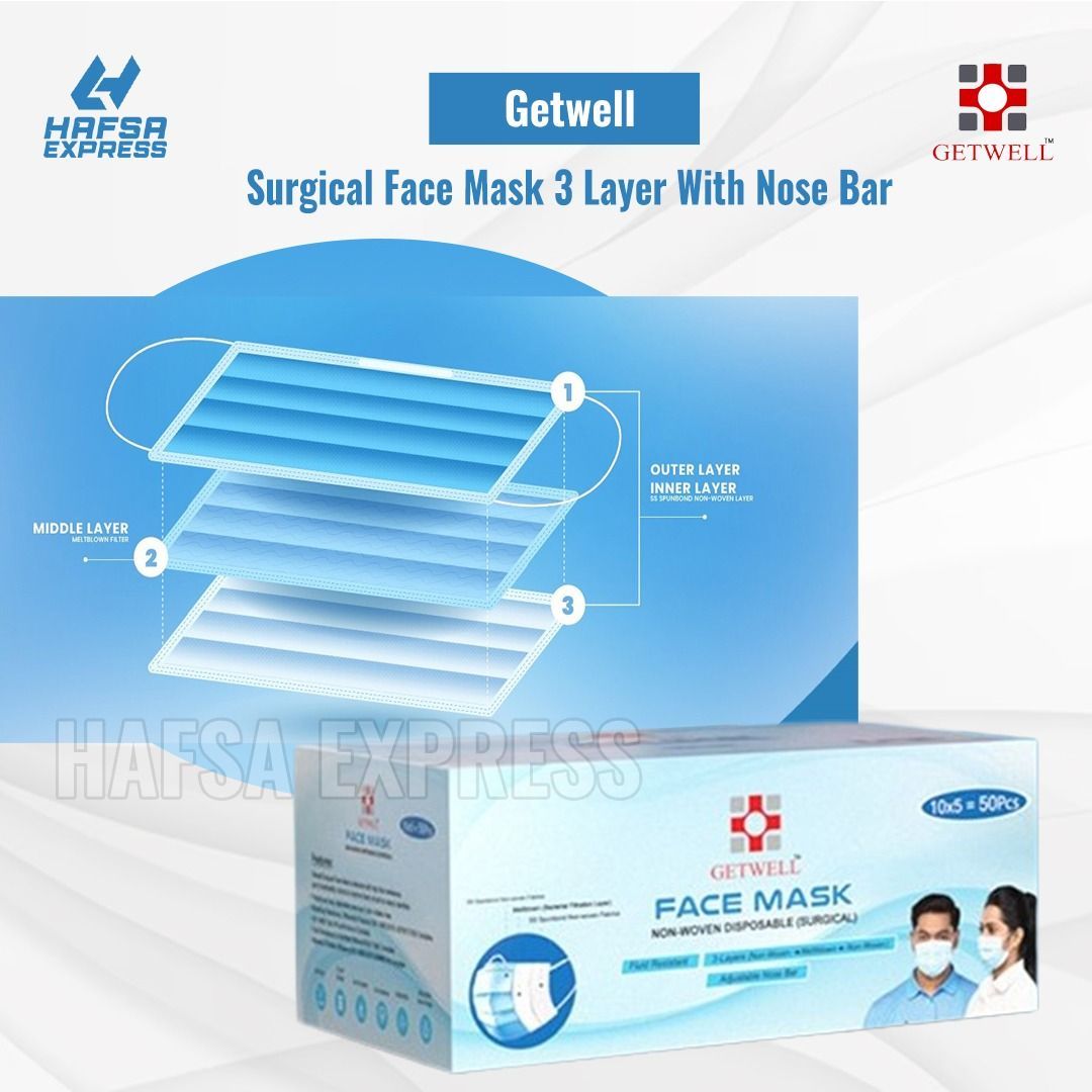 Getwell Surgical Face Mask 3 Layer With Nose Bar. 