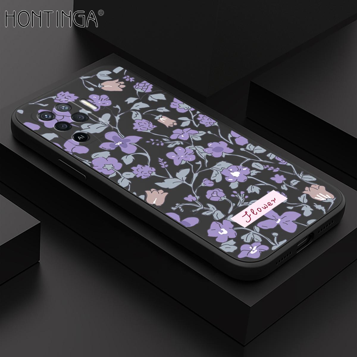 Hontinga for OPPO F19 Pro / A94 / Reno 5F Back Cover Purple Flowers Square Edge Liquid Silicone Phone Case