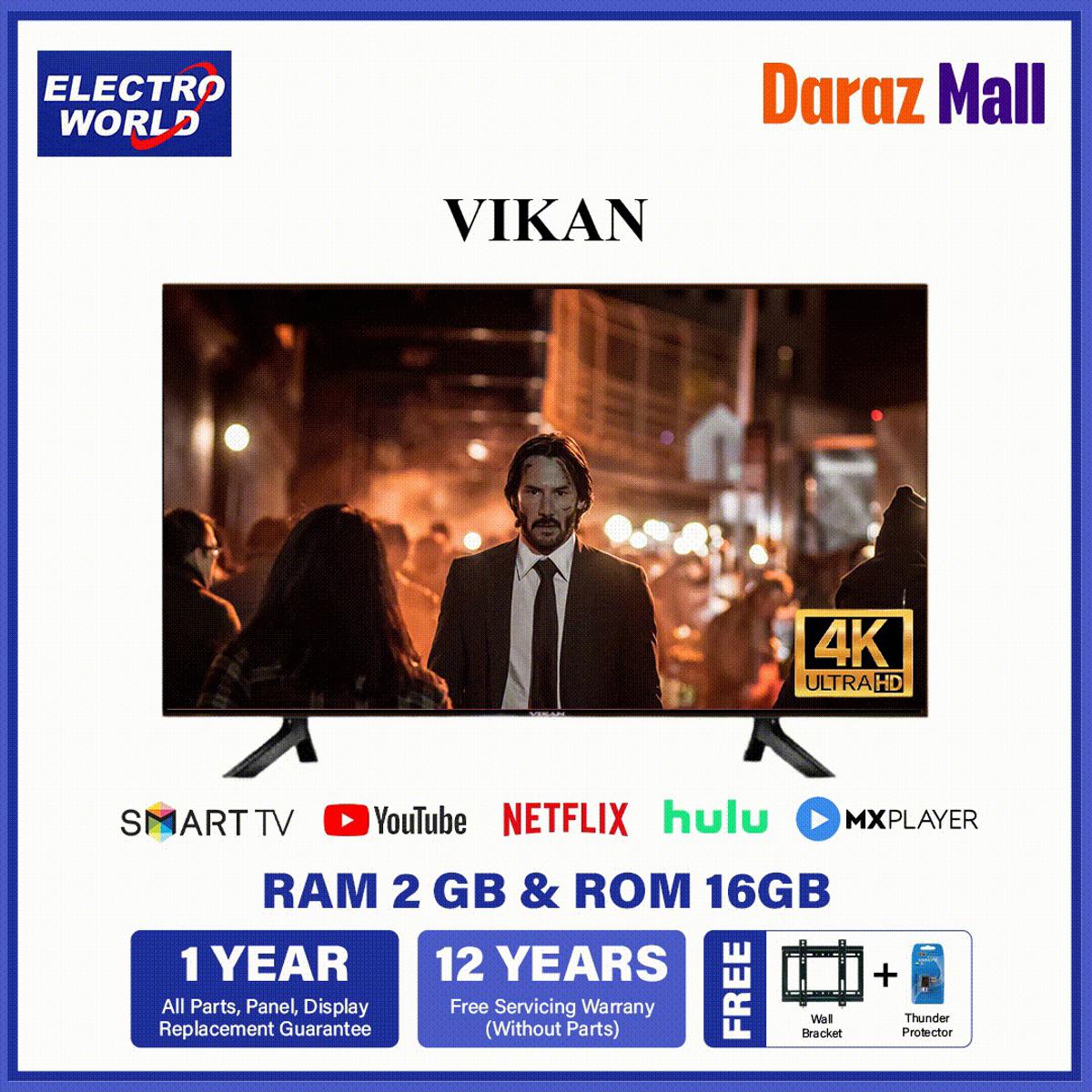 Vikan 43 Inch Smart Android Wifi Hd Led Tv 4k Supported Ram 2 gb Rom 16 gb