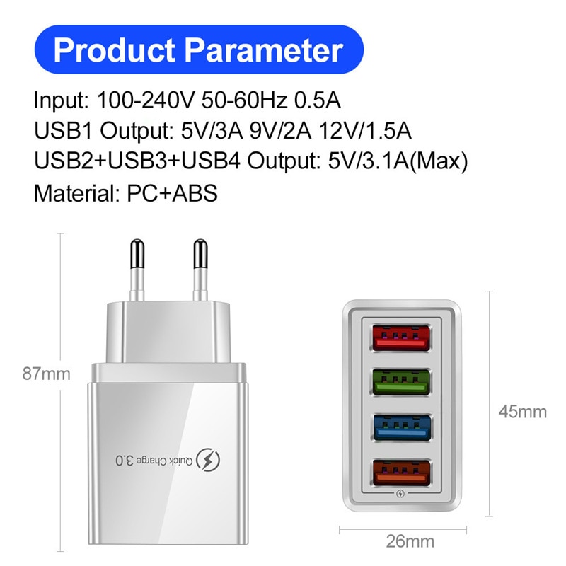 Quick Charge 4.0 4 Port Phone Fast Charger For Samsung S21 S20 FE S10 S9 S8 Plus Note 20 10 Ultra Fast Charging Wall Charger. 