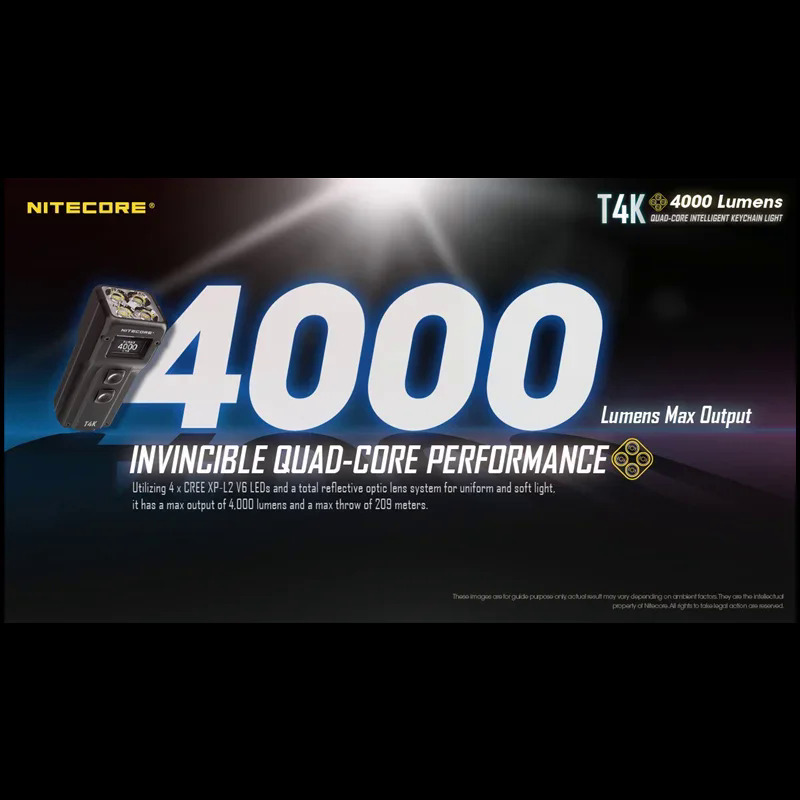 Nitecore T4k 4000 lumens portable keychain flashlight USB rechargeable utilizes 4xcree XP-12 V6 mini LED torch light. 