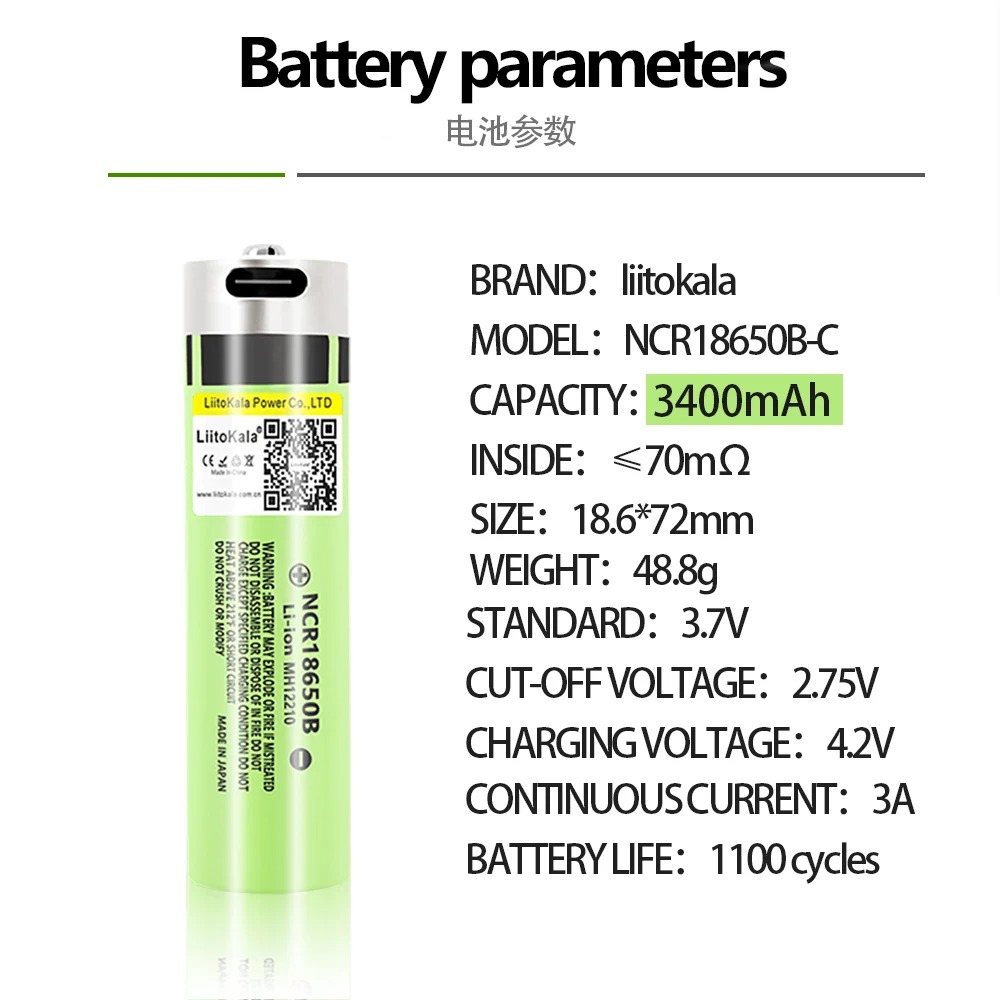1PCS LiitoKala USB-34B Type-C 18650 3.7V 3400mAh USB Rechargeable Li-ion Battery for Flashlight Electric Mouse Toy Battery