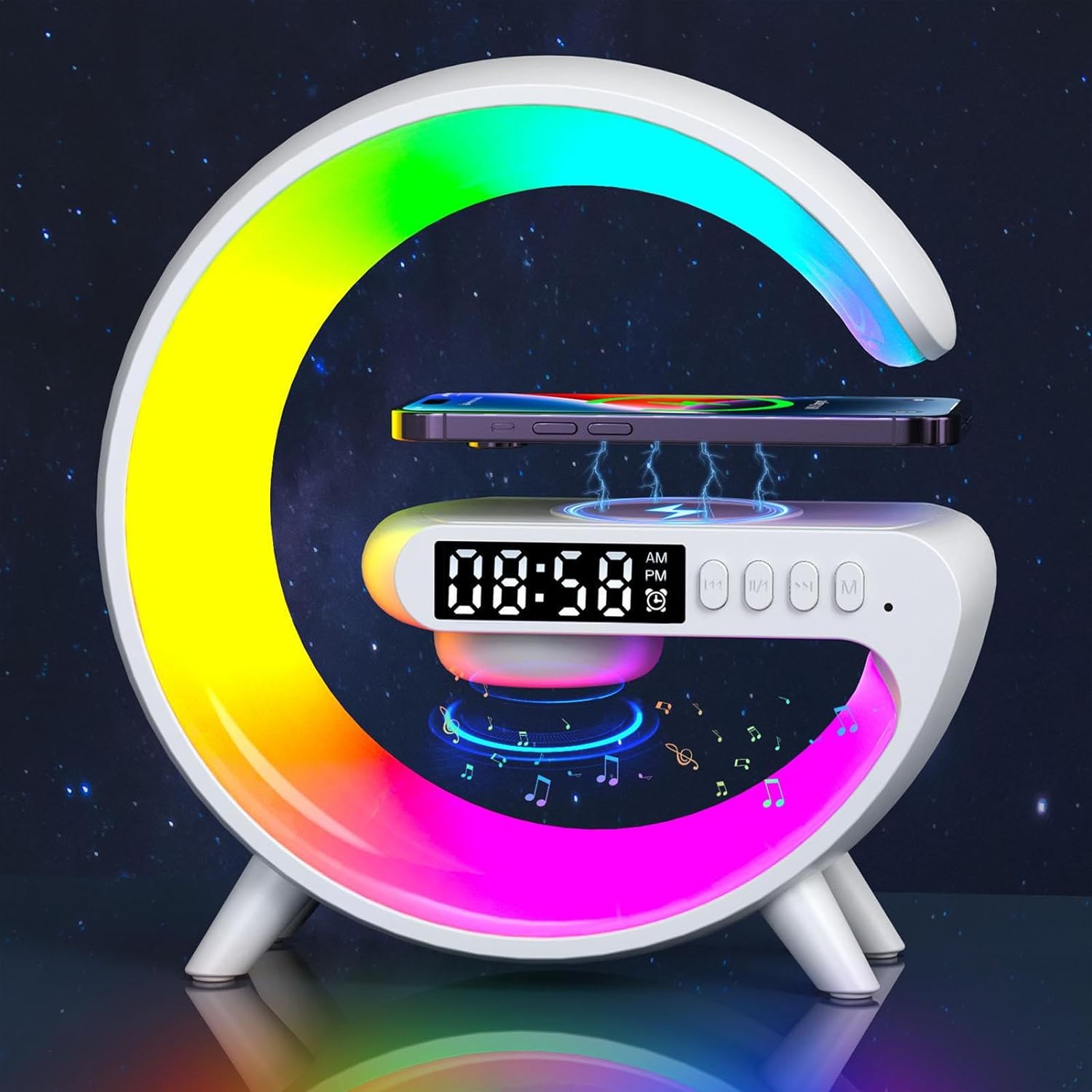 Smart Light Sound Machine with Wireless Charger, Music Rhythm Atmosphere Light, Bluetooth Speaker, Clock Alarm, Button and APP Control (White). 