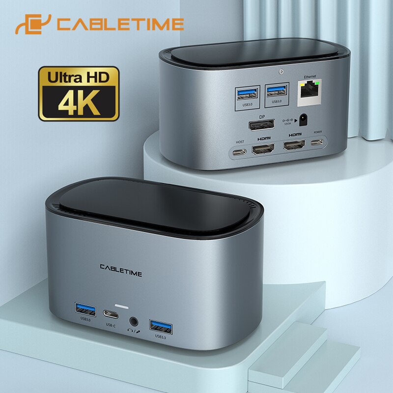 CABLETIME USB Docking Station HUB USB C to 4K HDMI DP RJ45 1000Mbps PD 100W USB3.0 for MacOS Windows Tablet Dock Station C419. 